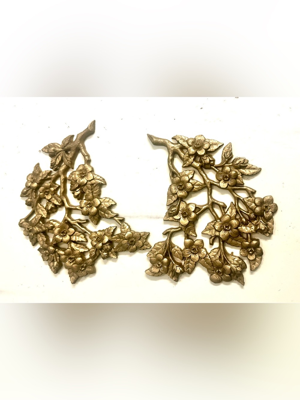 Vintage MCM Gold Toned Dogwood Flower & Branch Wall Plaque By Burwood USA